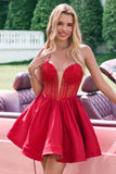 Red A Line Strapless Corset Short Ruffle Vestido bonito Homecoming com frisos