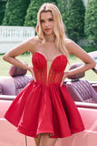 Red A Line Strapless Corset Short Ruffle Vestido bonito Homecoming com frisos