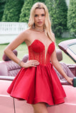 Red A Line Strapless Corset Short Ruffle Vestido bonito Homecoming com frisos