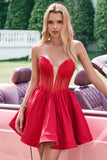 Red A Line Strapless Corset Short Ruffle Vestido bonito Homecoming com frisos