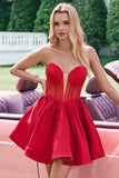 Red A Line Strapless Corset Short Ruffle Vestido bonito Homecoming com frisos