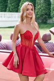 Red A Line Strapless Corset Short Ruffle Vestido bonito Homecoming com frisos