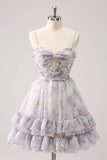 Lilás A-Line Estampas Florais Ruffled Tiered Tulle Homecoming Dress