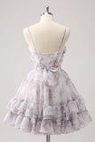 Lilás A-Line Estampas Florais Ruffled Tiered Tulle Homecoming Dress