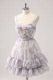 Lilás A-Line Estampas Florais Ruffled Tiered Tulle Homecoming Dress