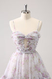 Lilás A-Line Estampas Florais Ruffled Tiered Tulle Homecoming Dress