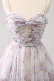 Lilás A-Line Estampas Florais Ruffled Tiered Tulle Homecoming Dress