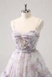 Lilás A-Line Estampas Florais Ruffled Tiered Tulle Homecoming Dress