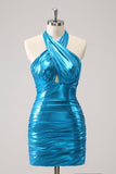 Metalizado Tight Halter Backless Satin Blue Homecoming Vestido