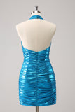 Metalizado Tight Halter Backless Satin Blue Homecoming Vestido