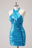 Metalizado Tight Halter Backless Satin Blue Homecoming Vestido