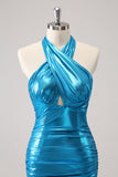 Metalizado Tight Halter Backless Satin Blue Homecoming Vestido