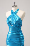 Metalizado Tight Halter Backless Satin Blue Homecoming Vestido