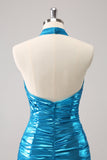 Metalizado Tight Halter Backless Satin Blue Homecoming Vestido