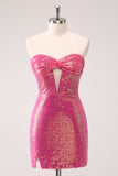 Fuchsia Hollow out Strapless Sequins Vestido Apertado Homecoming com Fenda