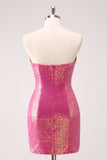 Fuchsia Hollow out Strapless Sequins Vestido Apertado Homecoming com Fenda