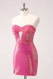 Fuchsia Hollow out Strapless Sequins Vestido Apertado Homecoming com Fenda