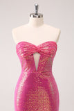 Fuchsia Hollow out Strapless Sequins Vestido Apertado Homecoming com Fenda