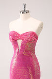 Fuchsia Hollow out Strapless Sequins Vestido Apertado Homecoming com Fenda