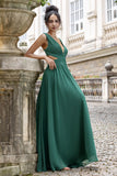 Verde escuro Uma linha V pescoço Chiffon longo vestido de dama de honra com renda para trás