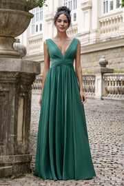 Verde escuro Uma linha V pescoço Chiffon longo vestido de dama de honra com renda para trás