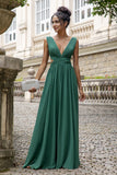 Verde escuro Uma linha V pescoço Chiffon longo vestido de dama de honra com renda para trás