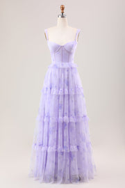 Lavanda Uma Linha Corset Esparguete Correias Florais Tiered Long Vestido Madrinha