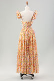 Flor amarela Uma linha V Neck Print plissado vestido de casamento convidado com fenda