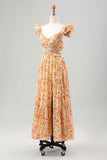 Flor amarela Uma linha V Neck Print plissado vestido de casamento convidado com fenda