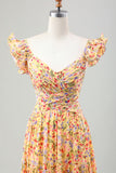Flor amarela Uma linha V Neck Print plissado vestido de casamento convidado com fenda