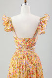 Flor amarela Uma linha V Neck Print plissado vestido de casamento convidado com fenda
