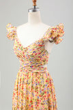 Flor amarela Uma linha V Neck Print plissado vestido de casamento convidado com fenda