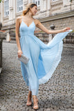 Sky Blue A Line plissado Chiffon Tea Length Dress com renda para trás