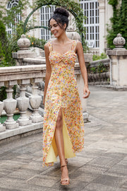 Flor amarela Uma linha de impressão Holloe out Corset vestido de noiva com fenda