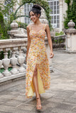 Flor amarela Uma linha de impressão Holloe out Corset vestido de noiva com fenda