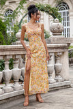 Flor amarela Uma linha de impressão Holloe out Corset vestido de noiva com fenda