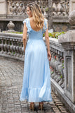 Sky Blue A Line Chiffon Plissado Ruffle Mangas Floor Length Dress com Fenda