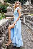 Sky Blue A Line Chiffon Plissado Ruffle Mangas Floor Length Dress com Fenda