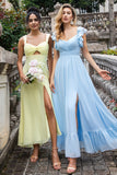 Sky Blue A Line Chiffon Plissado Ruffle Mangas Floor Length Dress com Fenda