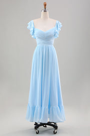 Sky Blue A Line Chiffon Vestido de Noiva com Mangas de Folhos