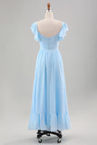 Sky Blue A Line Chiffon Vestido de Noiva com Mangas de Folhos