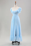 Sky Blue A Line Chiffon Vestido de Noiva com Mangas de Folhos