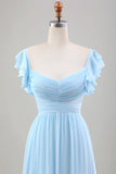 Sky Blue A Line Chiffon Vestido de Noiva com Mangas de Folhos