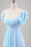 Sky Blue A Line Chiffon Vestido de Noiva com Mangas de Folhos