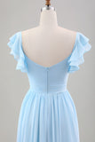 Sky Blue A Line Chiffon Vestido de Noiva com Mangas de Folhos