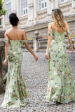 Flor Verde Uma Linha Esparguete Correias Print Long Wedding Party Vestido de Convidado com Fenda