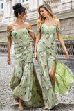 Flor Verde Uma Linha Esparguete Correias Print Long Wedding Party Vestido de Convidado com Fenda