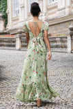 Flor Verde Uma Linha V Pescoço Backless Vestido de Festa de Casamento com mangas curtas
