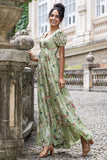 Flor Verde Uma Linha V Pescoço Backless Vestido de Festa de Casamento com mangas curtas