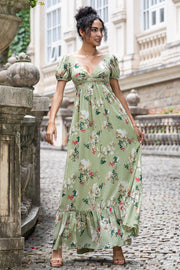 Flor Verde Uma Linha V Pescoço Backless Vestido de Festa de Casamento com mangas curtas